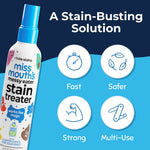 Miss Mouth's stain treater angled left beside infographic icons highlighting 'Fast', 'Safer', 'Strong', and 'Multi-Use'