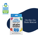 Box of Miss Mouth’s Messy Eater stain treater wipes with Safer Choice logo and ‘On-the-Go Stain Rescue’ text on blue background