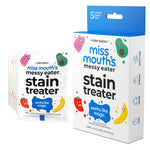 Miss Mouth’s stain treater packaging shown with individually wrapped wipe pouches beside the product box