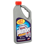 Angled front view of a gray Mister Plumber drain opener bottle showing blue label, red cap and handle.