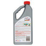 Rear view of a gray Mister Plumber bottle showing back label text, safety warnings and a red cap.