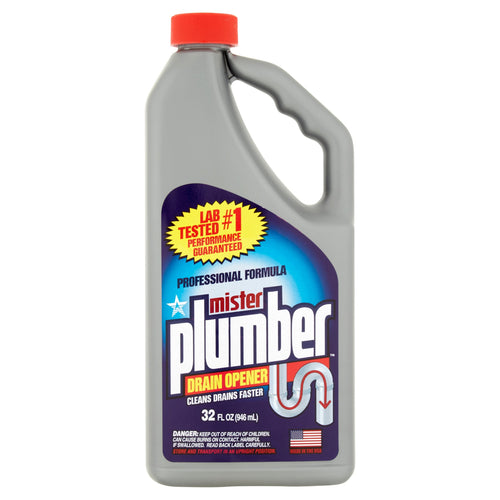 Front-facing gray plastic jug of Mister Plumber drain opener with blue label and red cap on white background.