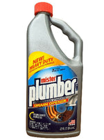 Front view of a Mister Plumber drain opener bottle variant with yellow callout, blue label and red cap.