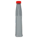 Narrow side profile of a tall gray Mister Plumber bottle with a red cap against a white background.