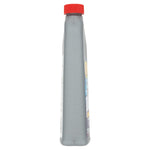 Opposite side profile of a slim gray Mister Plumber drain opener bottle with a red cap on white.