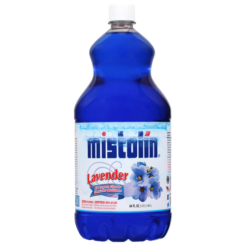 Full front view of a blue Mistolin lavender all-purpose cleaner bottle with label