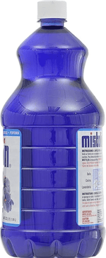 Angled side view of a blue Mistolin lavender cleaner bottle showing label panels and cap