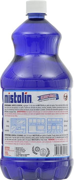 Rear view of a blue Mistolin lavender cleaner bottle showing product instructions and icons