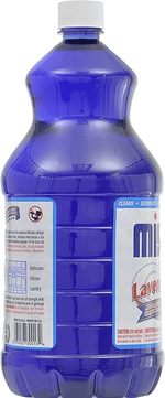 Side view of a blue Mistolin lavender cleaner bottle showing label edge and barcode
