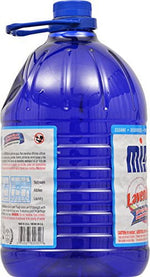 Side view of a blue Mistolin gallon jug showing ribbed plastic, partial front label and back label text