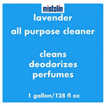 Blue label graphic reading “mistolin lavender all purpose cleaner cleans deodorizes perfumes 1 gallon/128 fl oz”