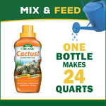 Promotional mix-and-feed graphic showing the Espoma Organic Cactus! bottle and text stating one bottle makes 24 quarts