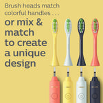Graphic showing four colorful Philips One brush heads above matching toothbrush handles with copy about mixing and matching designs