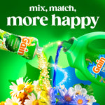 Promotional art showing Gain detergent being poured next to scent booster bottle, colorful floral elements and headline 'mix, match, more happy'