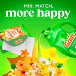 Promotional image mixing Gain dryer sheets artwork with laundry detergent bottle and tropical floral accents