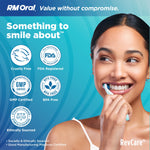Smiling person brushing teeth beside icons indicating cruelty free, FDA registered, GMP certified and BPA free on teal background