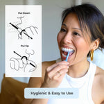 Model demonstrating use of a blue PUL tool to remove an aligner with illustrated pull-up and pull-down instructions at left.