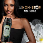 Model holding a Downy Unstopables N.11 bottle with ‘24 hr non-stop luxe scent’ headline and floral accents.