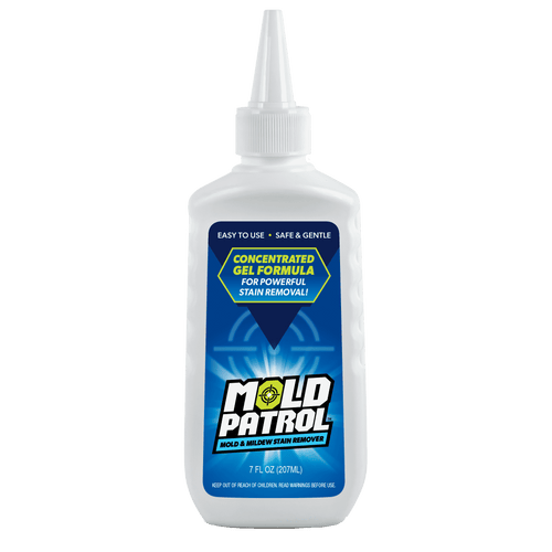White squeeze bottle of Mold Patrol concentrated gel cleaner with blue label and pointed nozzle cap