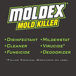 Dark graphic featuring the Moldex Mold Killer logo and a bulleted list of uses: disinfectant, cleaner, fungicide, virucide, deodorizer.