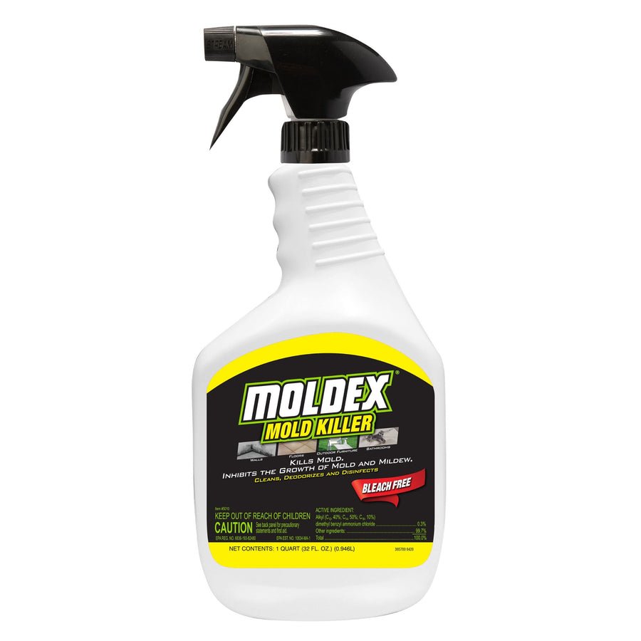 White spray bottle of Moldex Mold Killer with black trigger and labeled black-and-yellow front panel on white background.