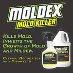 Moldex Mold Killer logo with product images and text proclaiming it kills mold, cleans, deodorizes and disinfects.
