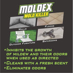 Moldex Mold Killer promotional panel showing logo, four photo examples (walls, floors, outdoor furniture, bathrooms) and usage claims.