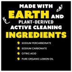 Black and yellow ingredient panel listing sodium percarbonate, sodium carbonate, citric acid and organic lemon oil