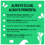 Green infographic reading 'Always clean, always powerful' with bullet points about enzyme-based, gentle, dye- and fragrance-free formula
