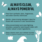 Teal infographic panel reading 'Always clean, always powerful' with bulleted benefits about gentle, dye- and fragrance-free detergent.