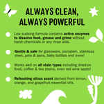 Green infographic panel reading “Always clean, always powerful” with bullet points about enzyme formula and citrus scent