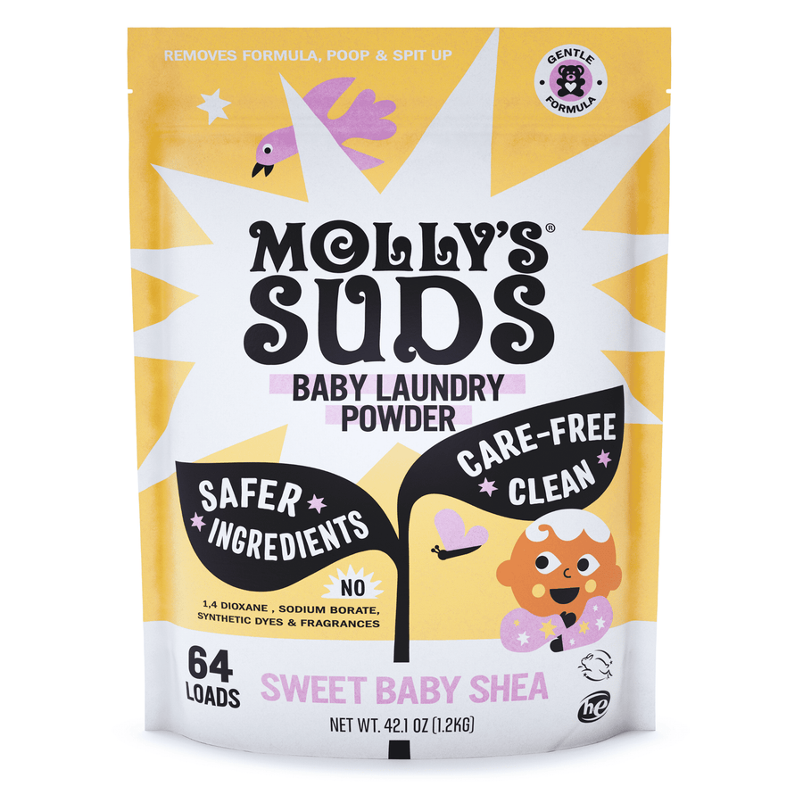 Front-facing pouch of Molly's Suds baby laundry powder in yellow 'Sweet Baby Shea' packaging
