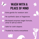 Purple infographic panel listing benefits: extra gentle, no synthetic dyes, safe for cloth diapers