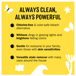 Yellow infographic panel listing product benefits like chlorine-free, whitens dingy lights, gentle, and versatile stain remover