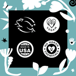 Square badge panel with four white icons on black: leaping rabbit, 'Vegan' heart, 'Made in USA' seal, and 'No Harsh Chemicals' emblem framed by teal artwork.