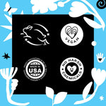 Badge panel on blue background showing icons for cruelty-free rabbit, vegan, Made in USA and 'No Harsh Chemicals'