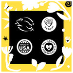 Black square with four white certification icons on a yellow decorative background indicating cruelty-free, vegan, made in USA and no harsh chemicals