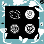 Square graphic of certification icons including a leaping bunny, vegan heart, 'Made in USA' seal, and 'No Harsh Chemicals' badge