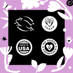 Icon panel on purple background showing vegan, made in USA, no harsh chemicals and cruelty-free logos