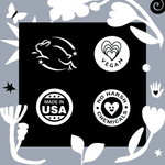 Square graphic with four certification-style icons including cruelty-free rabbit, vegan, made in USA and no harsh chemicals.