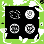 Set of four black-and-white certification icons on green background: leaping bunny, vegan, made in USA, no harsh chemicals