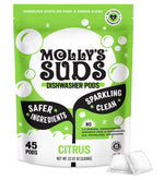 Bright green Molly’s Suds Citrus dishwasher pods pouch with black logo, bubbles and two white pods at lower right