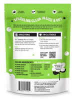 Back of Molly’s Suds Citrus dishwasher pods pouch showing directions, tips, ingredient list and QR code on green background