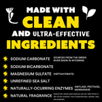 Black and yellow ingredient infographic listing clean ingredients like sodium carbonate and enzymes