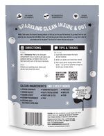 Back of Molly's Suds dishwasher pods pouch showing directions, tips, ingredient list and barcode on a gray background.