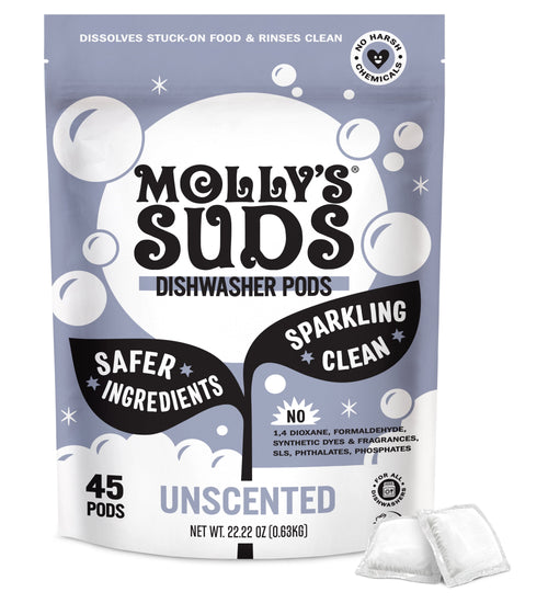 Front-facing Molly's Suds dishwasher pods pouch labeled 'Unscented' with branding, bubbles and two pods shown at bottom right.