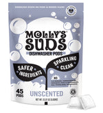 Front of Molly's Suds unscented dishwasher pods pouch with bubbles, product name and two pods shown at bottom right.