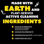 High-contrast black and yellow panel stating 'Made with Earth and plant-derived active cleaning ingredients' and listing components like sodium carbonate.