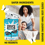 Lifestyle image showing a smiling adult and child with a Molly's Suds peppermint laundry powder pouch and promotional yellow border