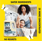 Lifestyle image of smiling parent and child with a laundry basket and a Molly's Suds detergent bottle in foreground